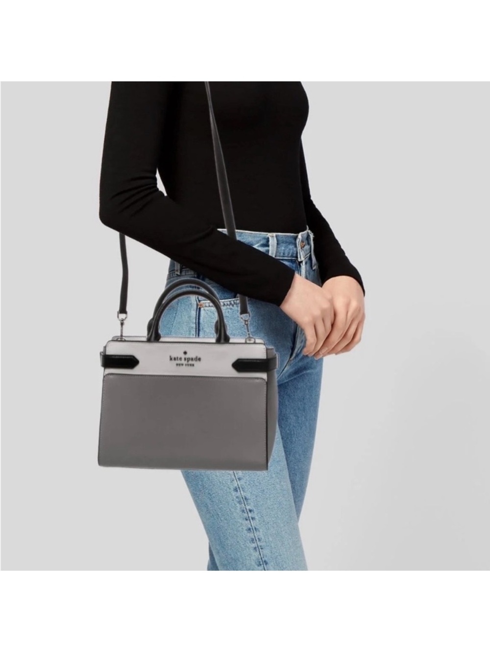 Kate Spade Gray Two-Tone Leather Satchel with Crossbody Strap